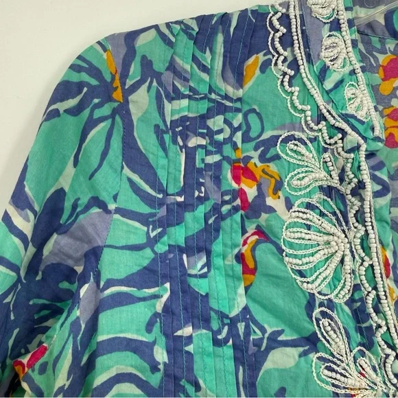 Lilly Pulitzer Beaded Blue Iris Mai Tai Tunic Top Women’s Size XS Pearls Cotton - Picture 8 of 10